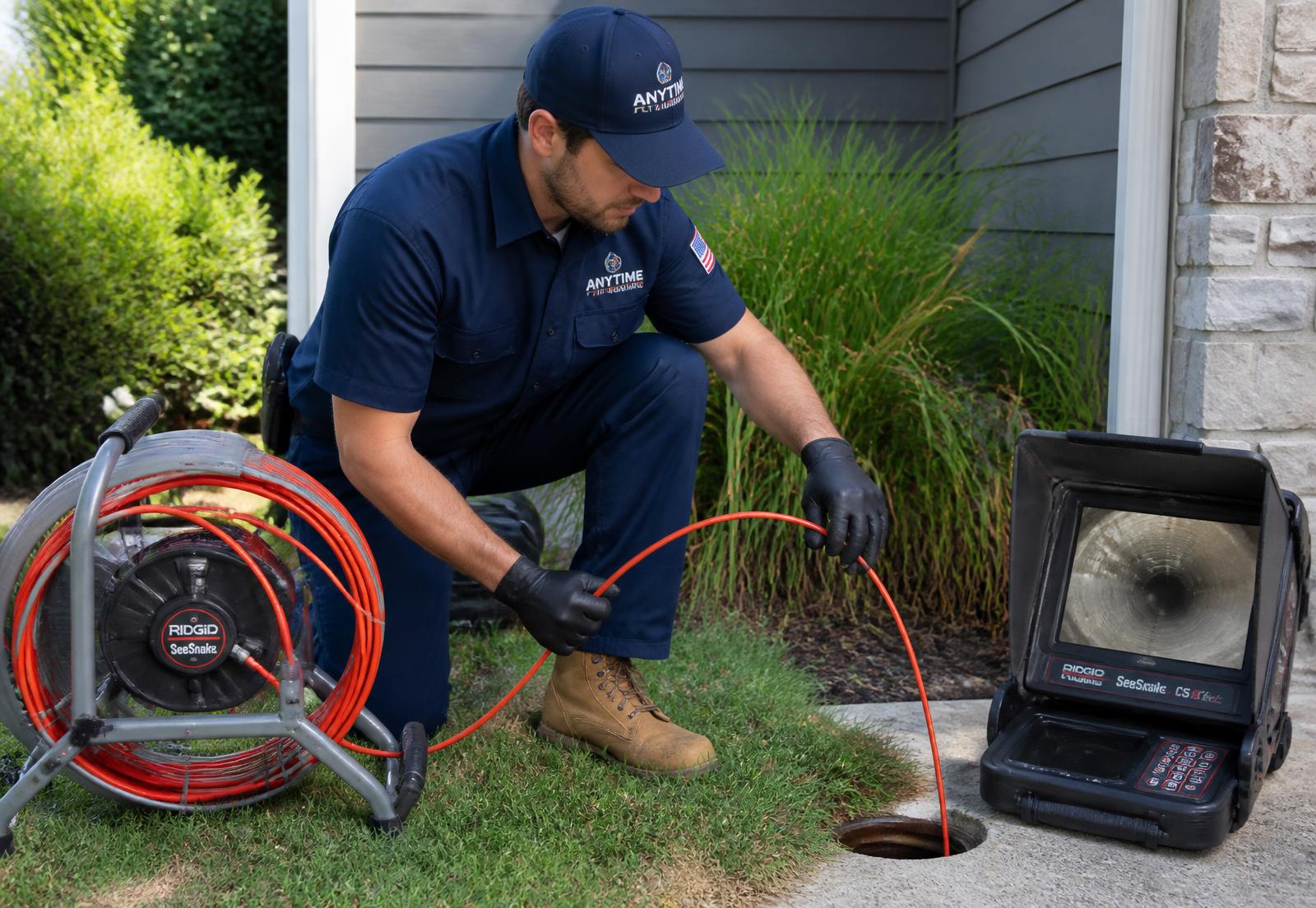 Plumber performing a sewer camera inspection with a camera reel and video monitor at a home in Fort Myers